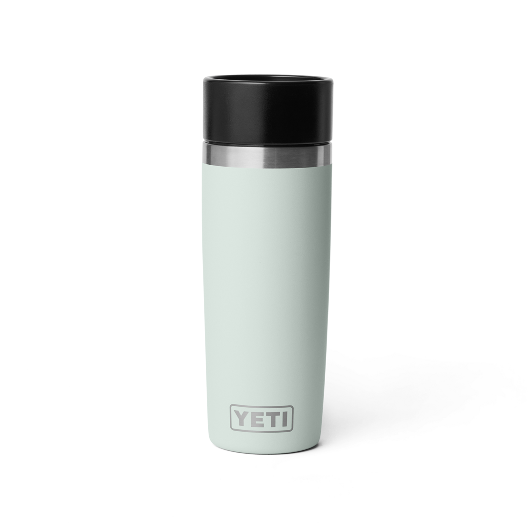Light blue YETI insulated mug with a black lid on a white background