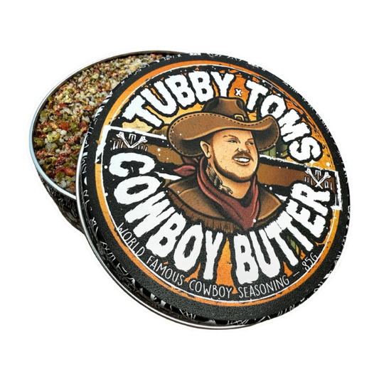 Tubby Tom's Cowboy Butter seasoning tin with the lid off