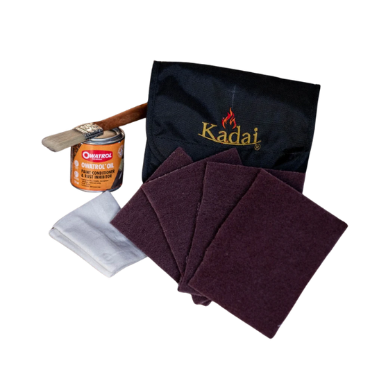 Kadai care kit with storage bag, protective oil, brush, scouring pads and cloth