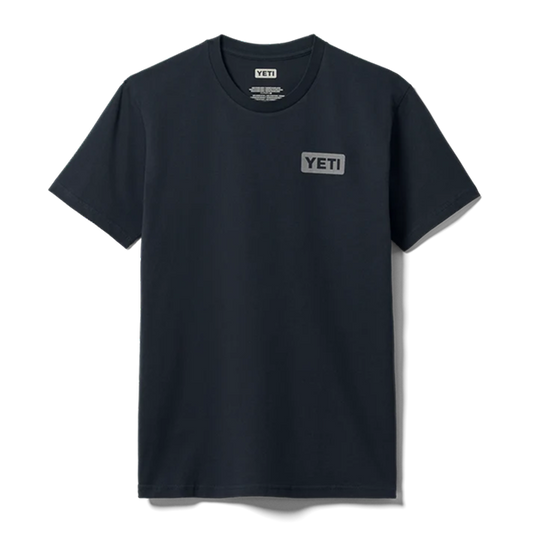 Navy YETI left chest logo badge T-shirt, front view