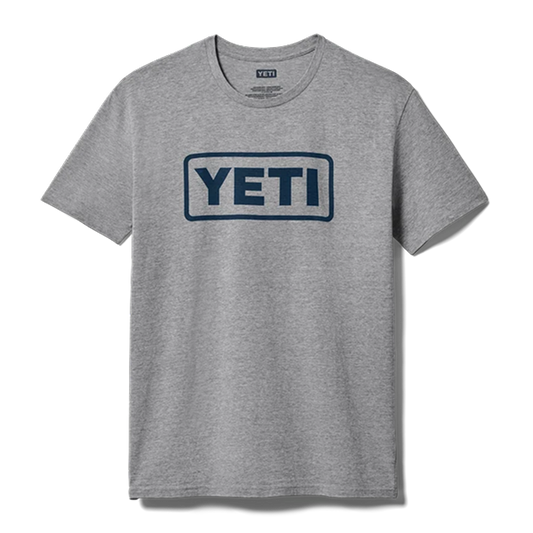 Grey YETI full logo badge T-shirt, front view