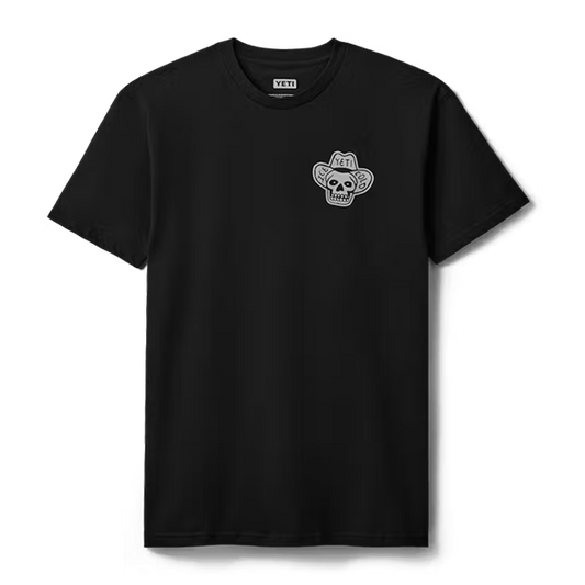 Black YETI cowboy skull T-shirt, front view
