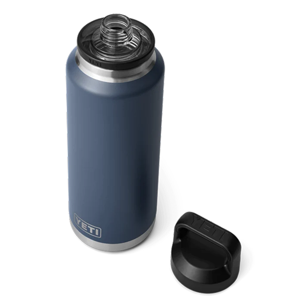 Navy YETI Rambler 46 oz bottle with the Chug Cap removed