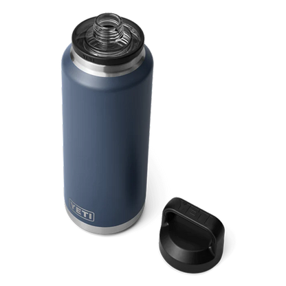 Navy YETI Rambler 46 oz bottle with the Chug Cap removed