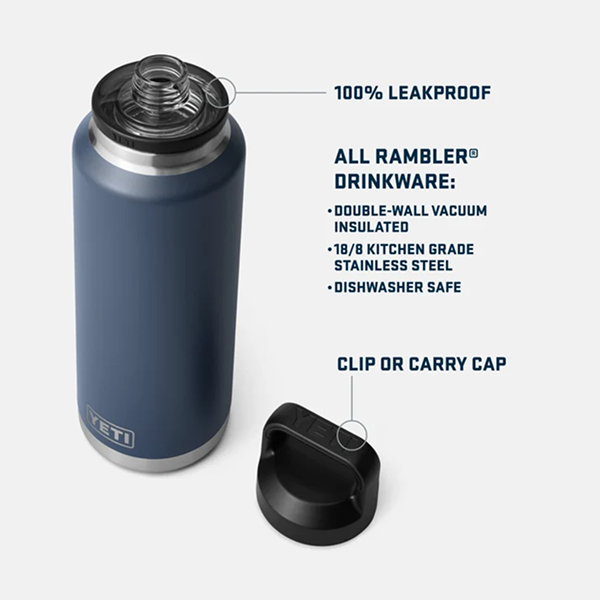 YETI Rambler 46 oz bottle features diagram showing the leakproof Chug Cap