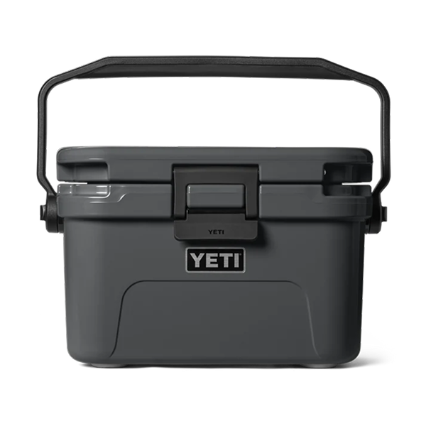 Charcoal YETI Roadie 8 cool box with the carry handle raised