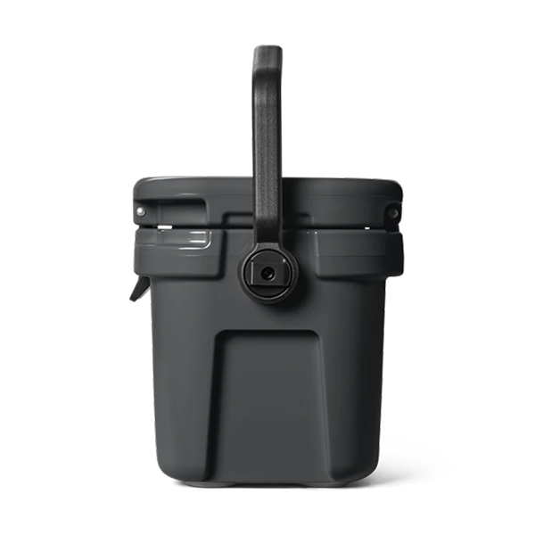 Charcoal YETI Roadie 8 cool box side view with the handle upright