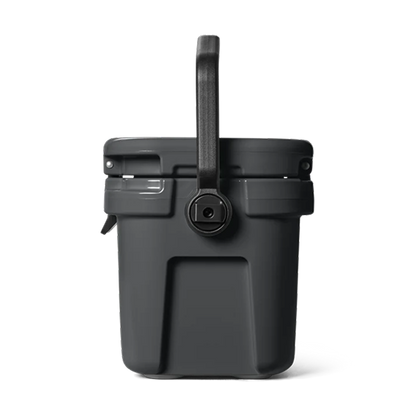 Charcoal YETI Roadie 8 cool box side view with the handle upright