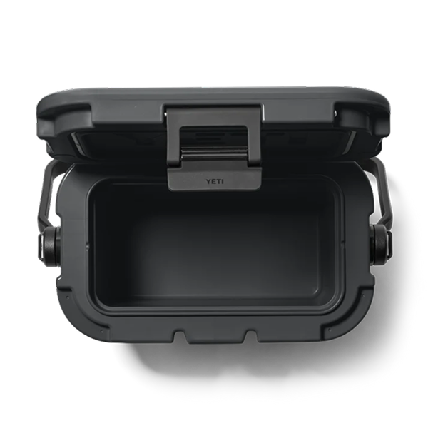 Charcoal YETI Roadie 8 cool box with the lid open, top view
