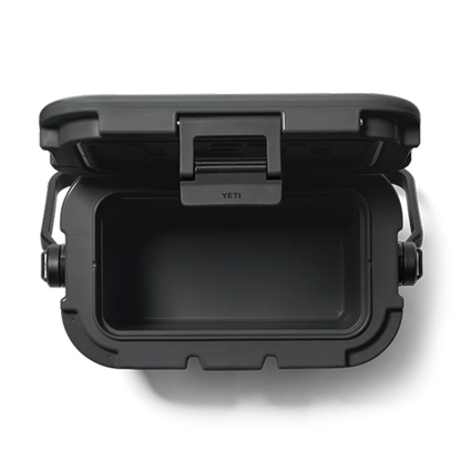 Charcoal YETI Roadie 8 cool box with the lid open, top view