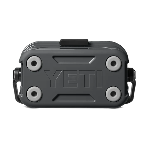 Charcoal YETI Roadie 8 cool box lid, top view showing tie-down slots