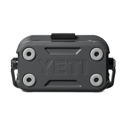Charcoal YETI Roadie 8 cool box lid, top view showing tie-down slots