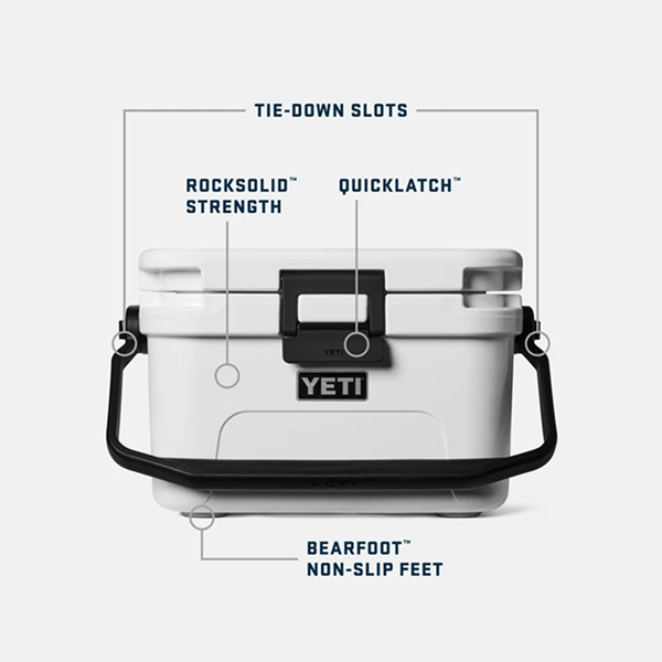 YETI Roadie 8 cool box features diagram showing tie-down slots, QuikLatch and BearFoot non-slip feet