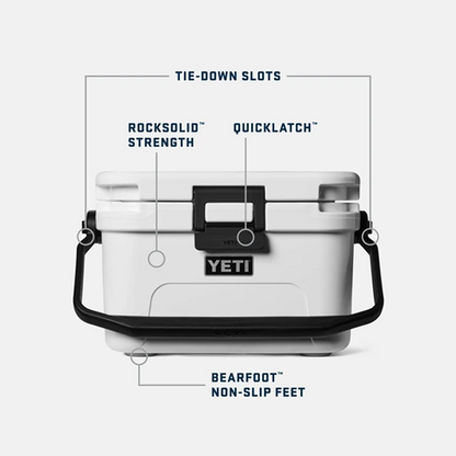 YETI Roadie 8 cool box features diagram showing tie-down slots, QuikLatch and BearFoot non-slip feet
